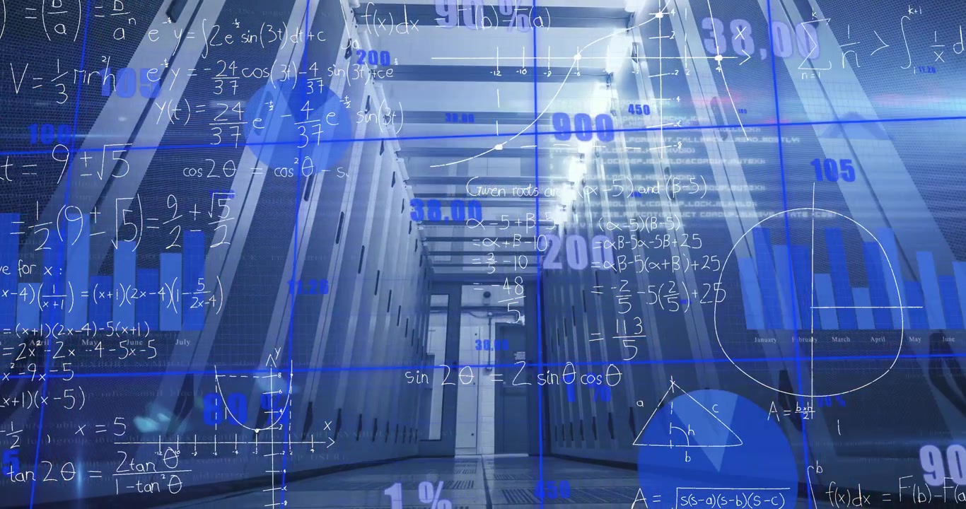 Animation of data processing and mathematical equations against empty computer server room