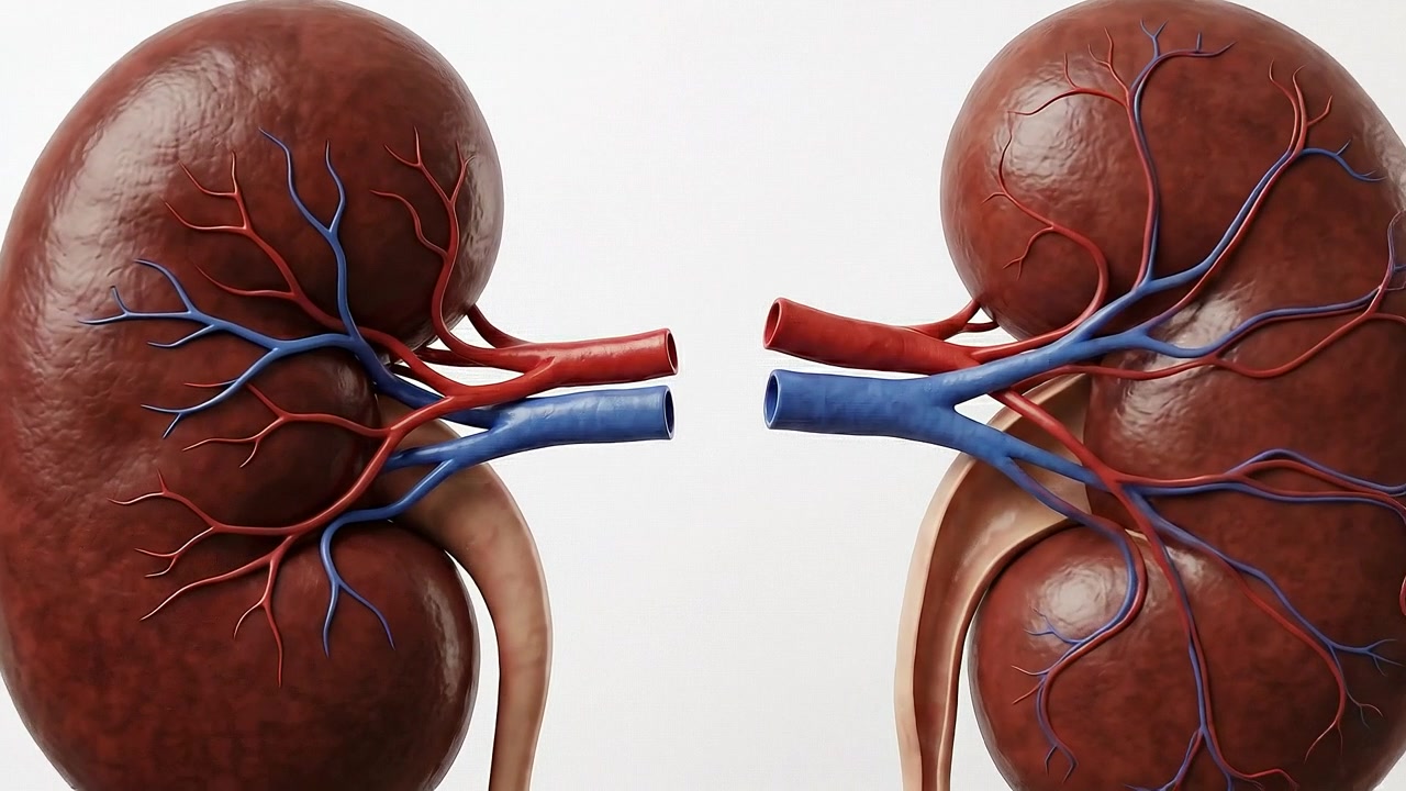 Detailed kidney anatomy render showing renal arteries and veins