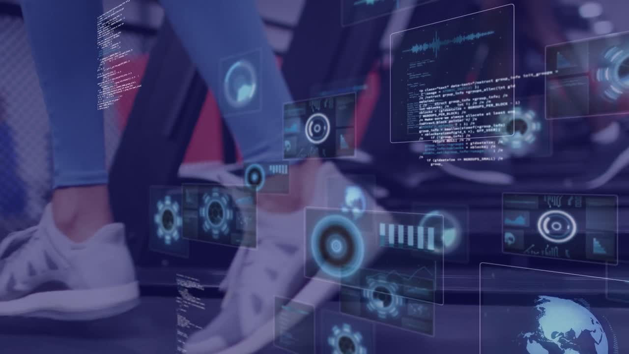 트레드밀에서 달리는 여성, 체육관에서 운동하는 여성에 대한 데이터 처리 애니메이션