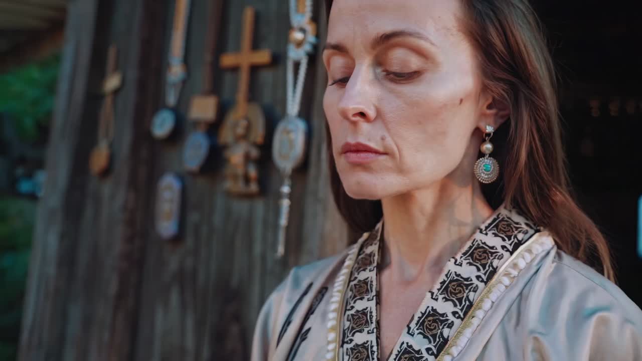 Woman with long brown hair, wearing traditional clothing and earrings, praying with closed eyes in front of a wooden wall decorated with crosses and religious objects