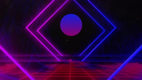 Animation-of-glowing-blue-and-pink-circle-with-neon-pattern-and-metaverse-on-seamless-loop