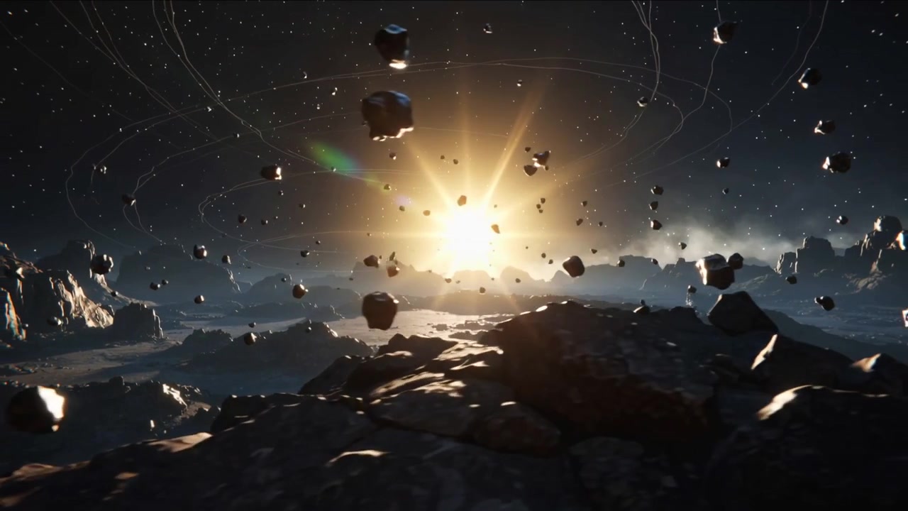Camera pushing forward to reveal detail, showing orbiting rocks on alien plain near bright star