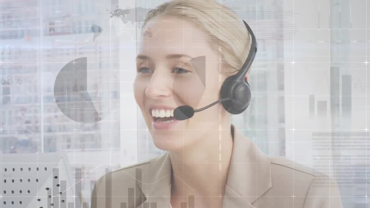 Animação de processamento de dados financeiros e estatísticos sobre empresária usando fone de ouvido
