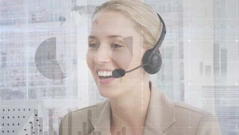 Animation-of-financial-and-statistic-data-processing-over-businesswoman-wearing-phone-headset