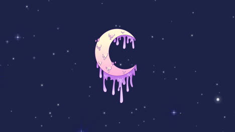 animation of universe with melting purple crescent moon and stars on blue sky