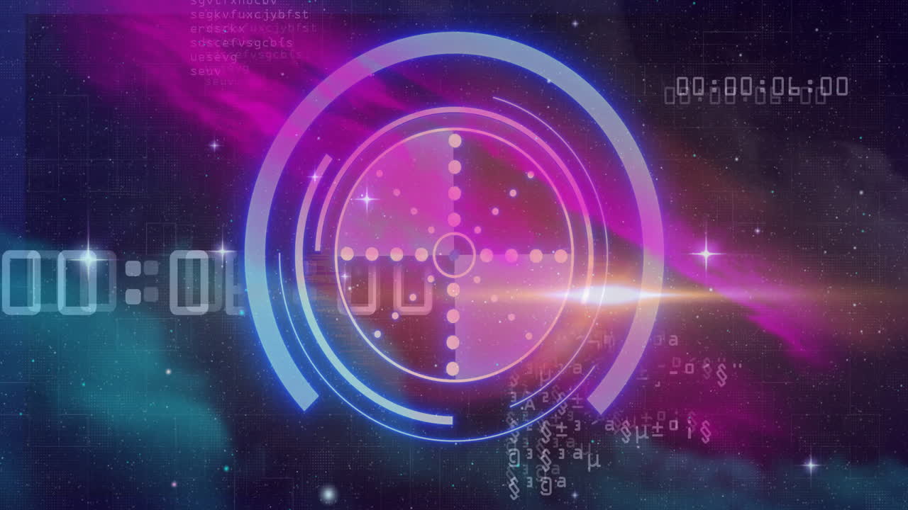 Animation of futuristic digital interface with circular patterns and binary code