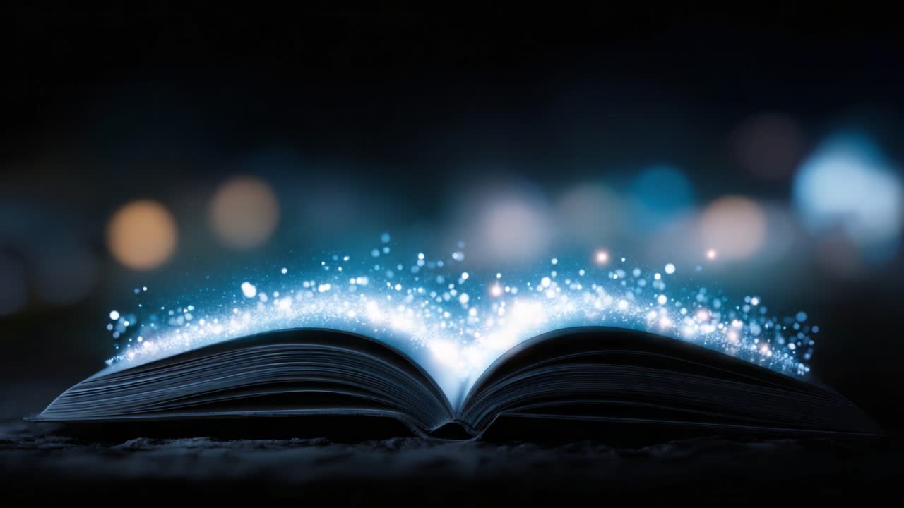 Un libro aperto incantato con particelle di luce splendente che si irradiano dalle sue pagine su uno sfondo scuro, a simboleggiare l'immaginazione sconfinata e la magia