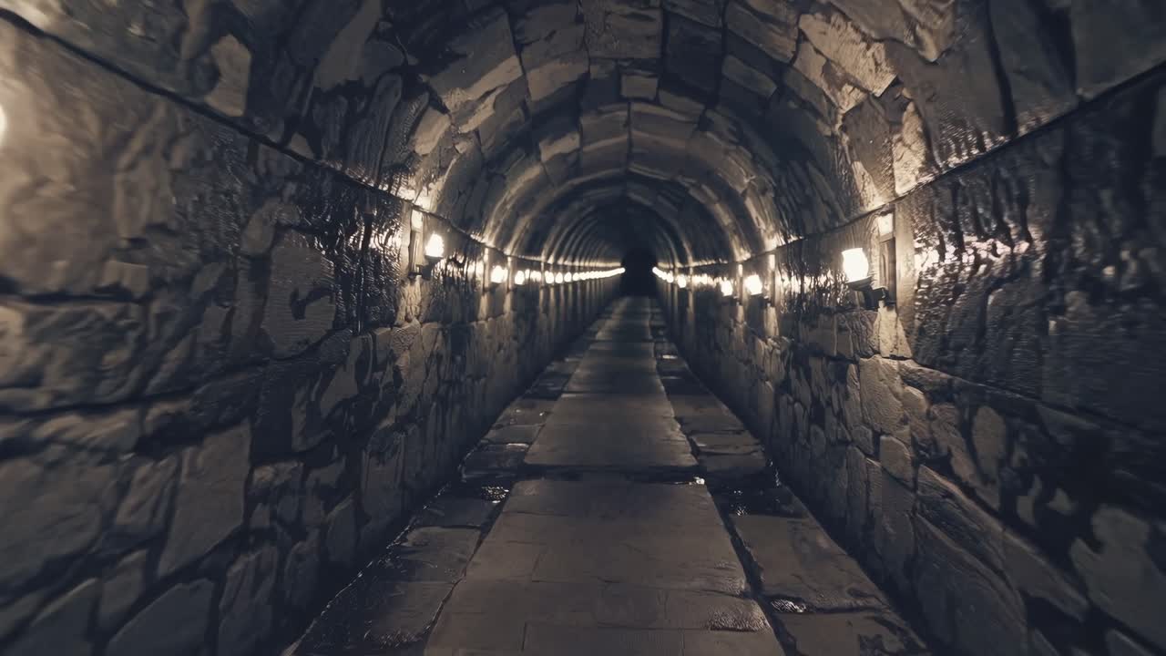 Dimly lit stone passage stretching into the darkness, creating a mysterious and intriguing atmosphere, with lamps providing a sense of direction and hope