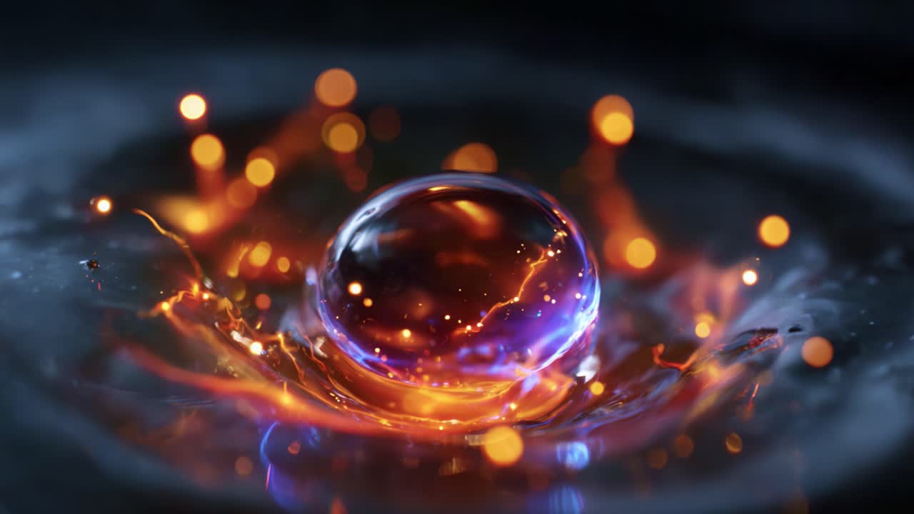 An Intriguing Close-up of a Glowing Water Droplet Creating Ripples, Illuminated by Vibrant Orange and Purple Highlights Against a Dark Background