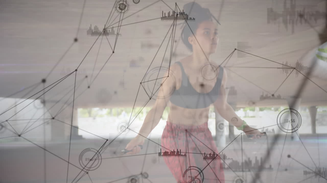 animación de la red de conexiones sobre la mujer saltando al aire libre