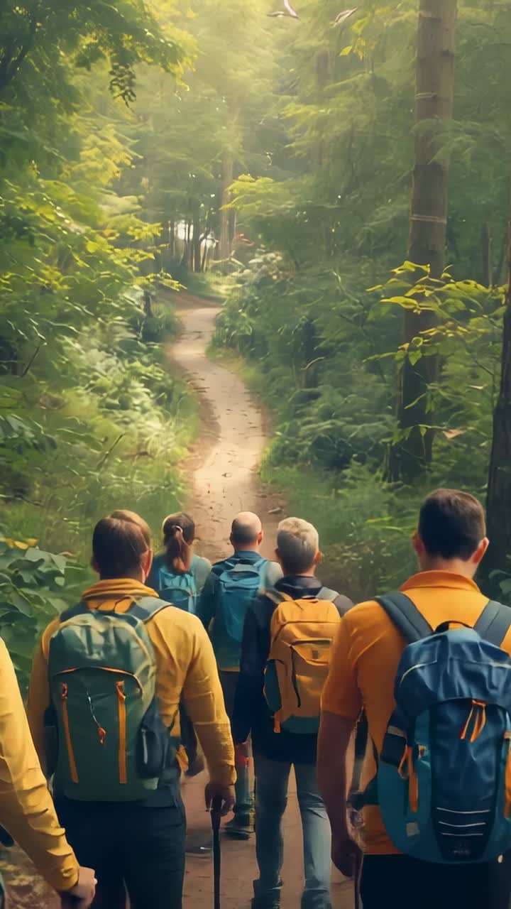 Video verticale: escursionisti con zaini e bastoncini percorrono un sentiero nel bosco e vedono una radura luminosa davanti a loro