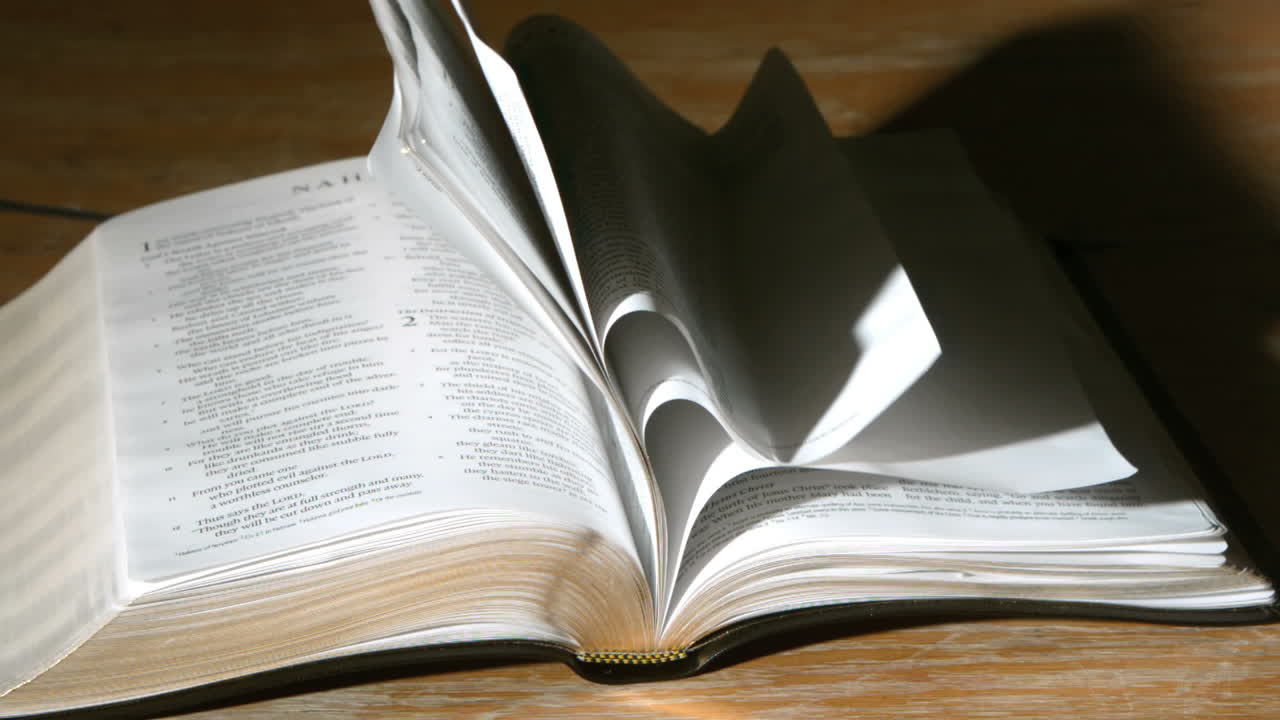 las páginas de la biblia girando en el viento