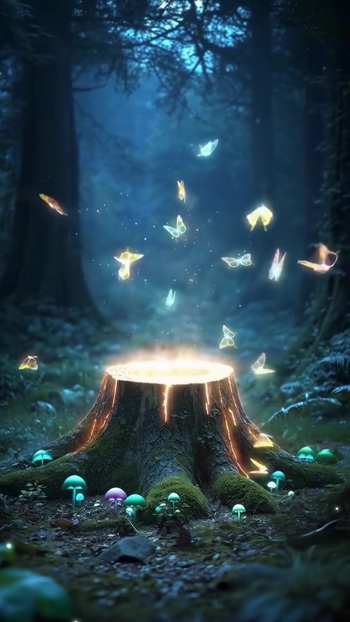Scena di foresta magica con un tronco d'albero luminoso e farfalle che volano