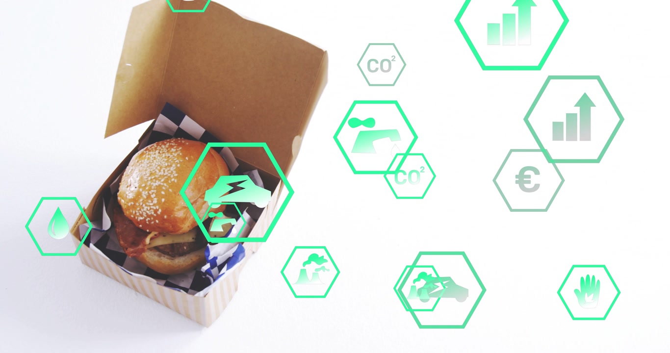 Sesame burger sitting in box, green hex icons emerging right, drifting showing eco metrics