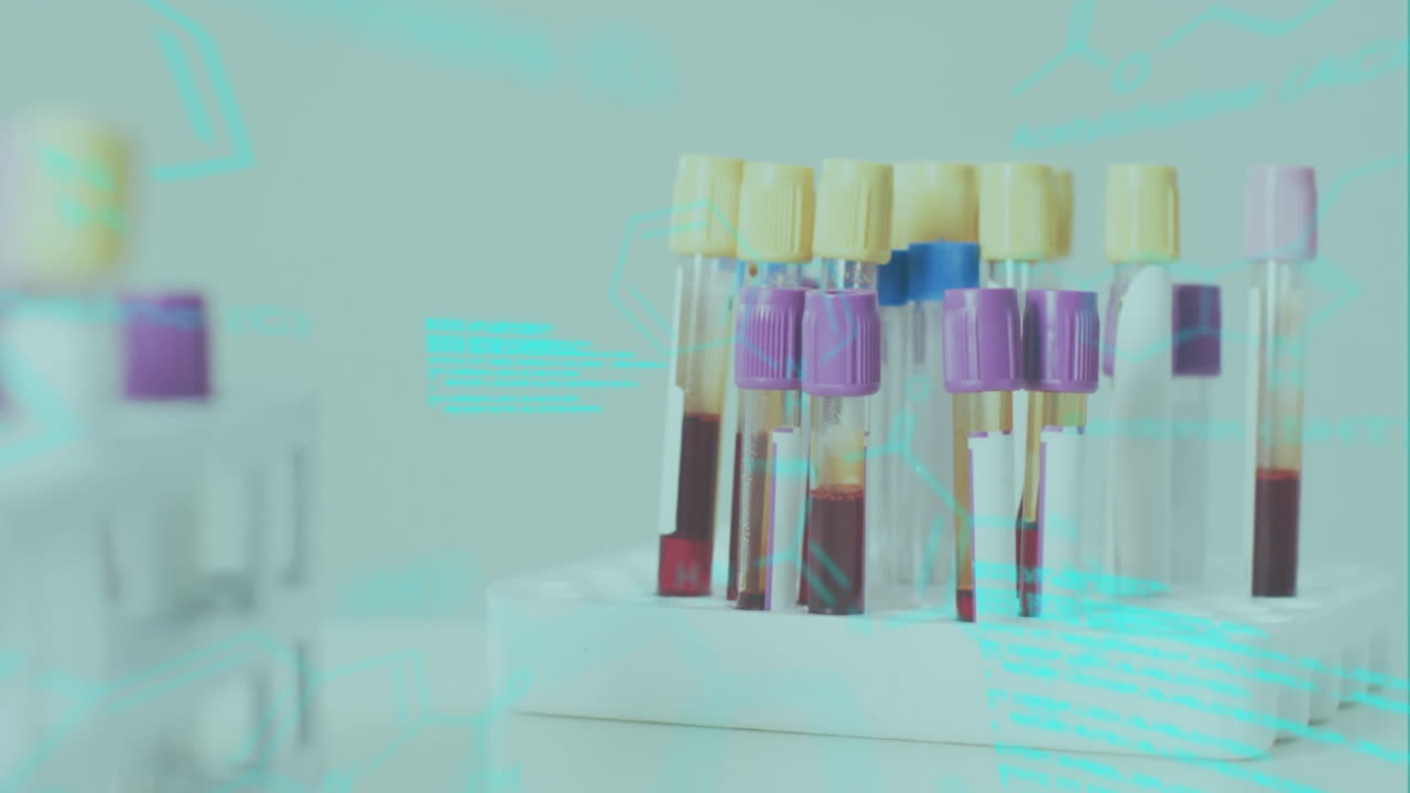 Animation of data processing and chemical formula over vials in lab