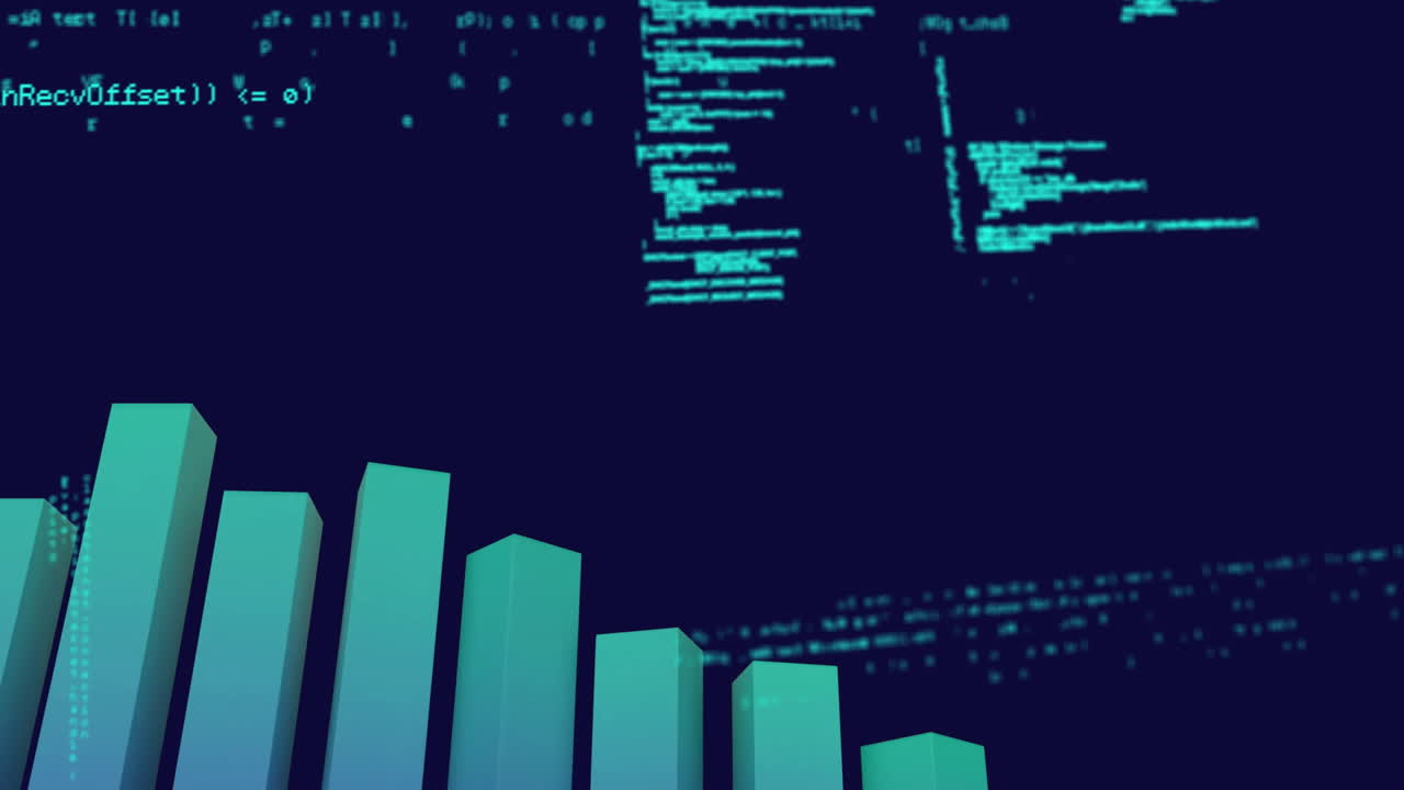 animación de gráficos de barras 3d en movimiento y lenguaje informático contra un fondo negro