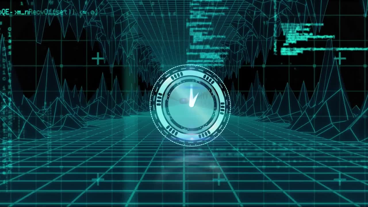 Animation of clock moving fast, scope scanning and data processing