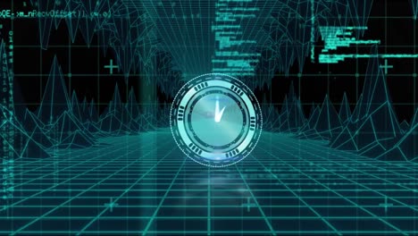 animation of clock moving fast, scope scanning and data processing