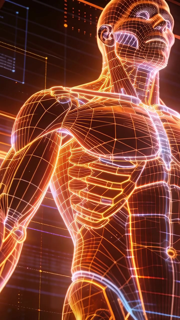 Video verticale: Avvio scansione che mostra un umanoide wireframe che solleva la testa, inclinando il collo in un laboratorio olografico