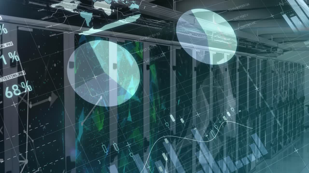Animation of data processing and shapes over server room