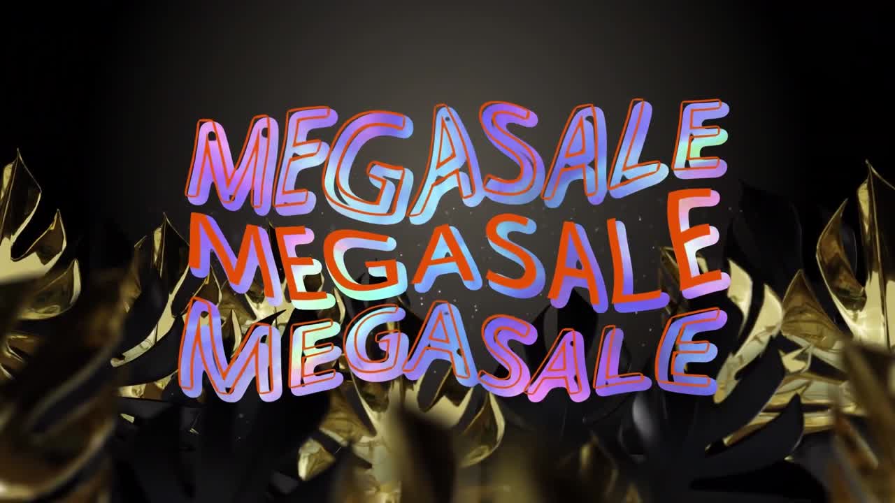 검은 바탕의 잎 위에 반복되는 메가 판매 텍스트의 애니메이션