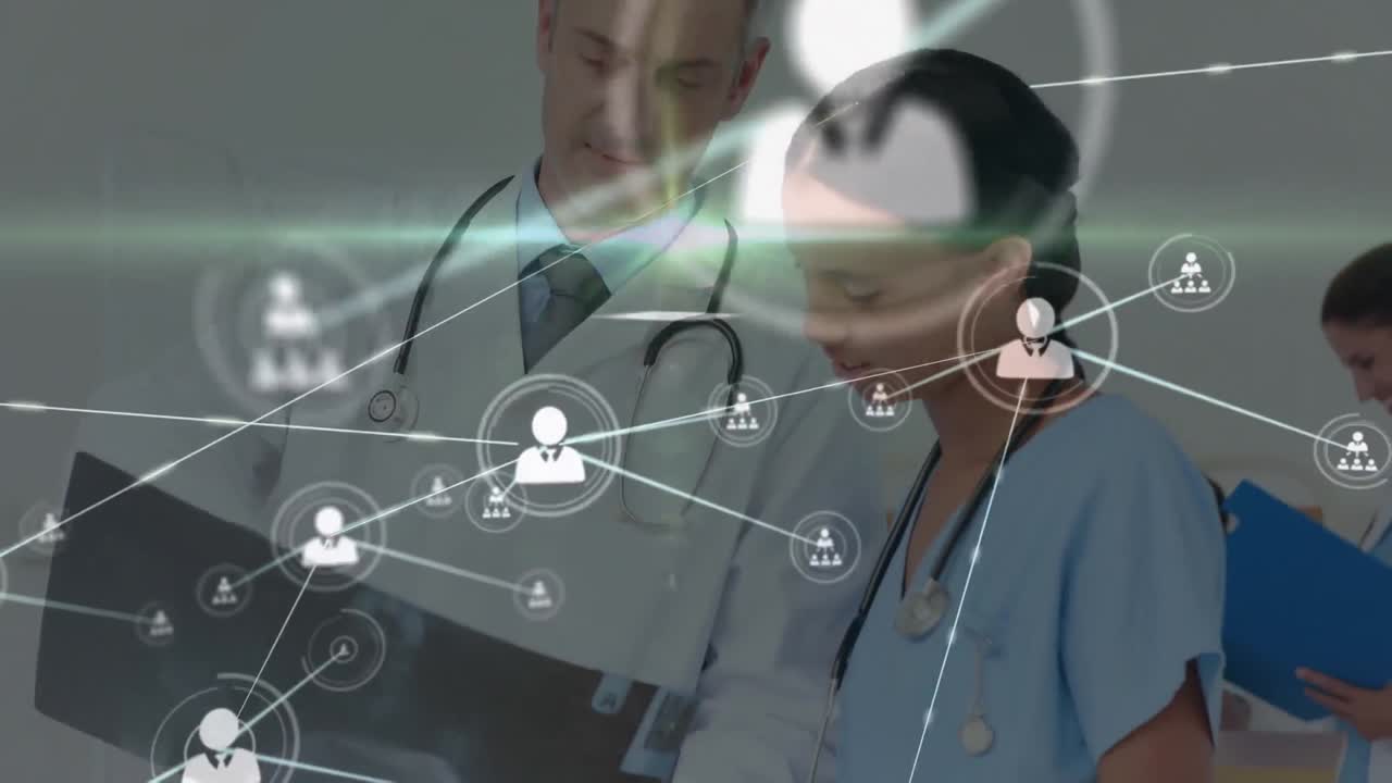 анимация сети связей с иконами над различными врачами