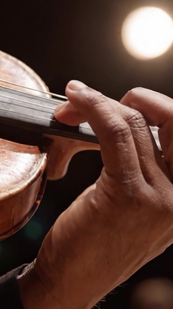 Uma Performance Encantadora: Um Close-Up das Mãos de um Violinista Habilidoso Navegando as Cordas Sob as Luzes do Palco em um Momento Musical Cativante