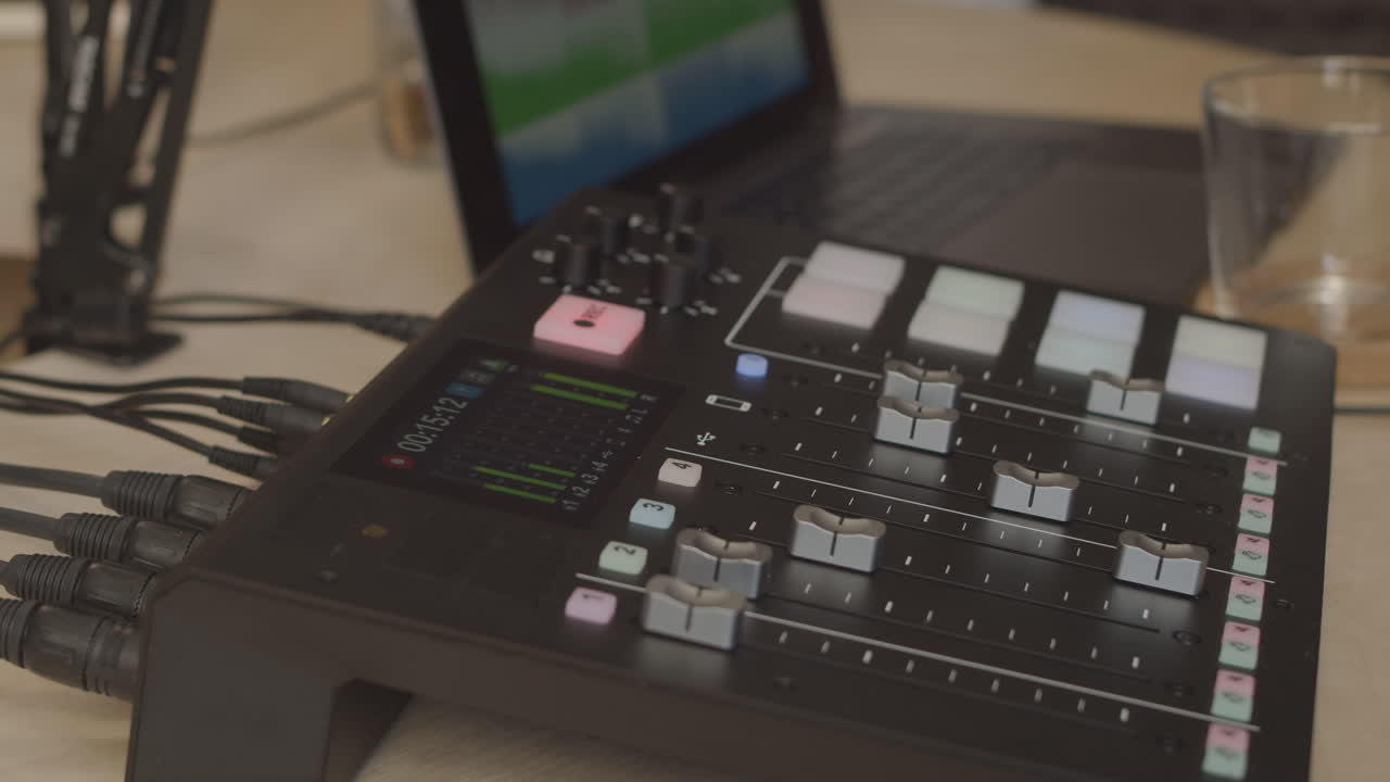 라디오 스튜디오에서 사운드 믹서의 볼륨을 높이는 손의 세부 샷