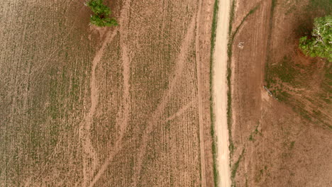 Aerial-top-down-tracking-along-a-dirt-road-on-a-dusty-summer-day-in-drought-affected-land-in-rural-Australia