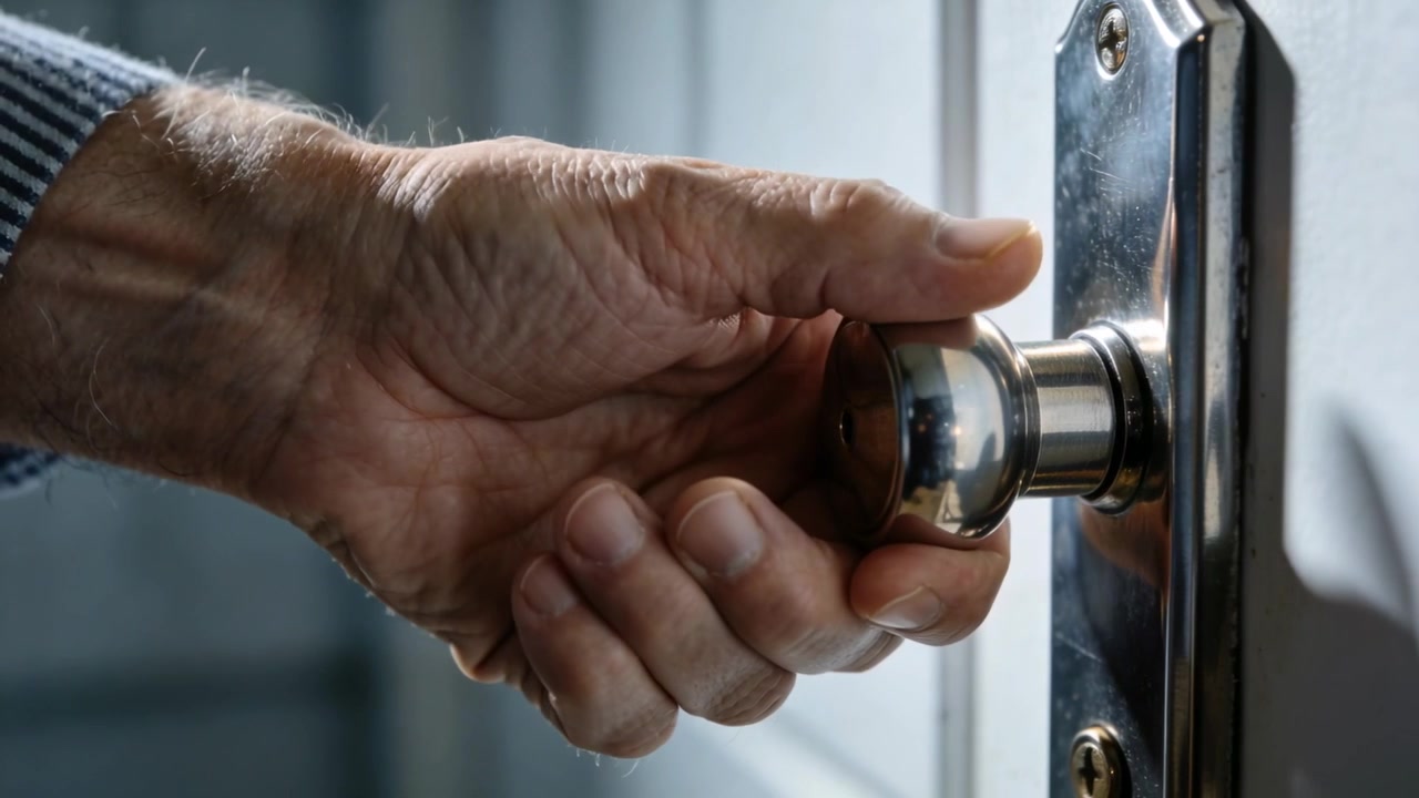 La mano destra di un uomo anziano si allunga, afferra e gira una maniglia di metallo lucido a casa, aprendo la porta.