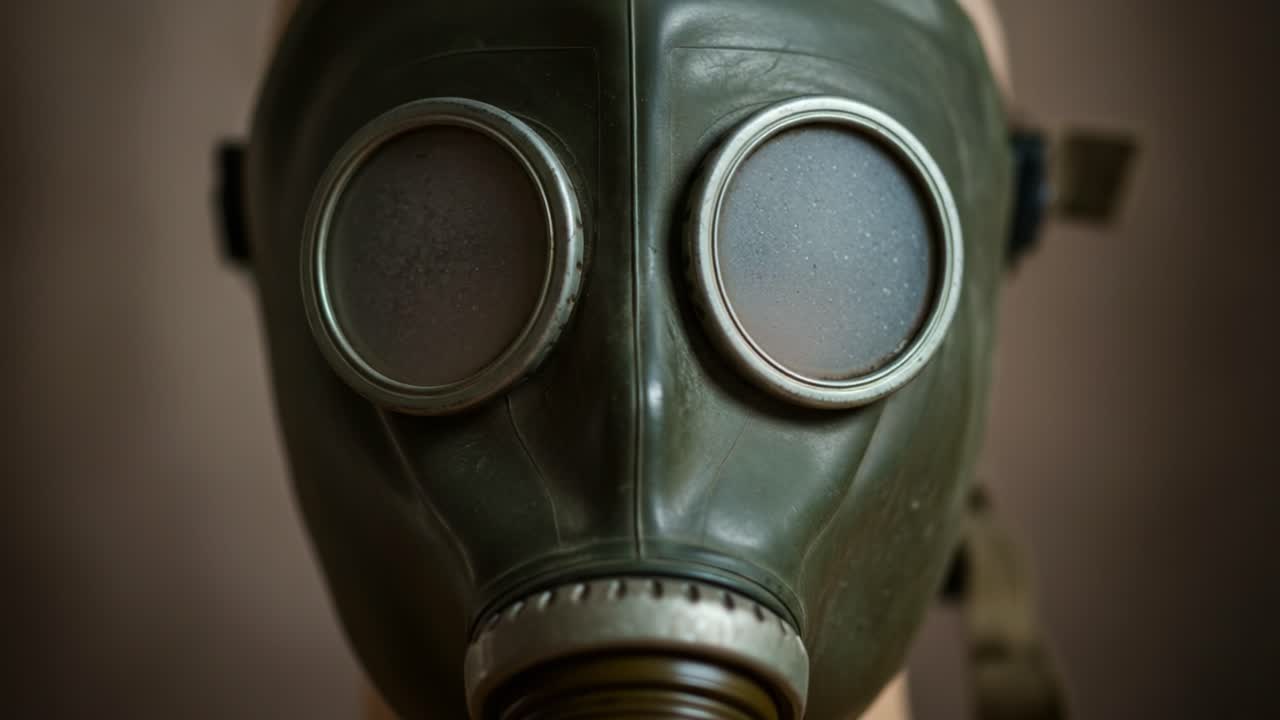 Close-Up of an Antique Gas Mask Displaying Its Intricate Design and Unique Features, Capturing the Essence of Historical Protective Gear in a Stylized Presentation