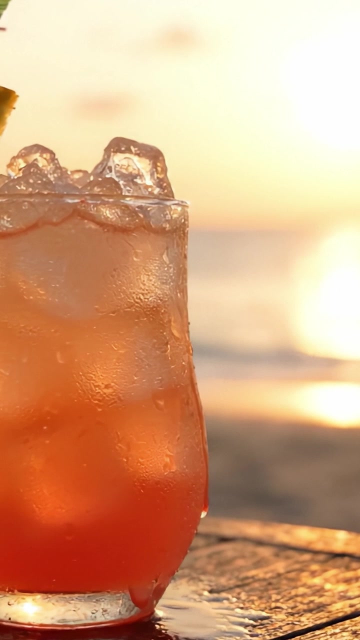 Bevanda tropicale rinfrescante con ghiaccio e guarnizione, catturata durante un bellissimo tramonto, che evoca un'atmosfera da spiaggia rilassante e una serata serena.