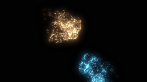 different coloured glowing particles clashing in slow motion