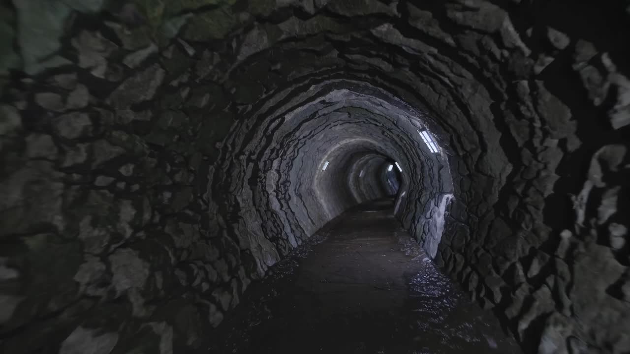 A dimly lit tunnel with rugged stone walls, captured from a first-person angle