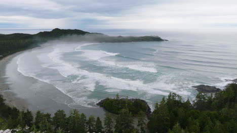 AERIAL-Shot-of-a-beach-in-Tofino,-British-Columbia,-Canada