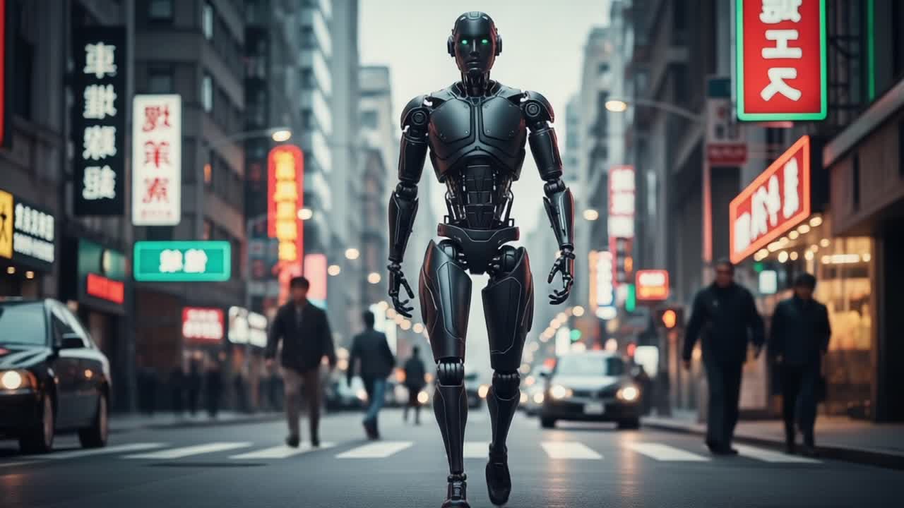 An advanced humanoid robot confidently strides through a bustling urban street filled with neon lights, highlighting the blend of technology and city life in a futuristic setting