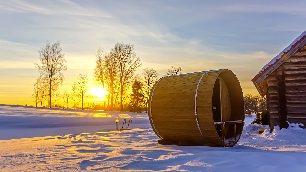 puesta de sol de la hora dorada en la sauna de barril de termomadera fuera de la cabaña de madera remota, invierno