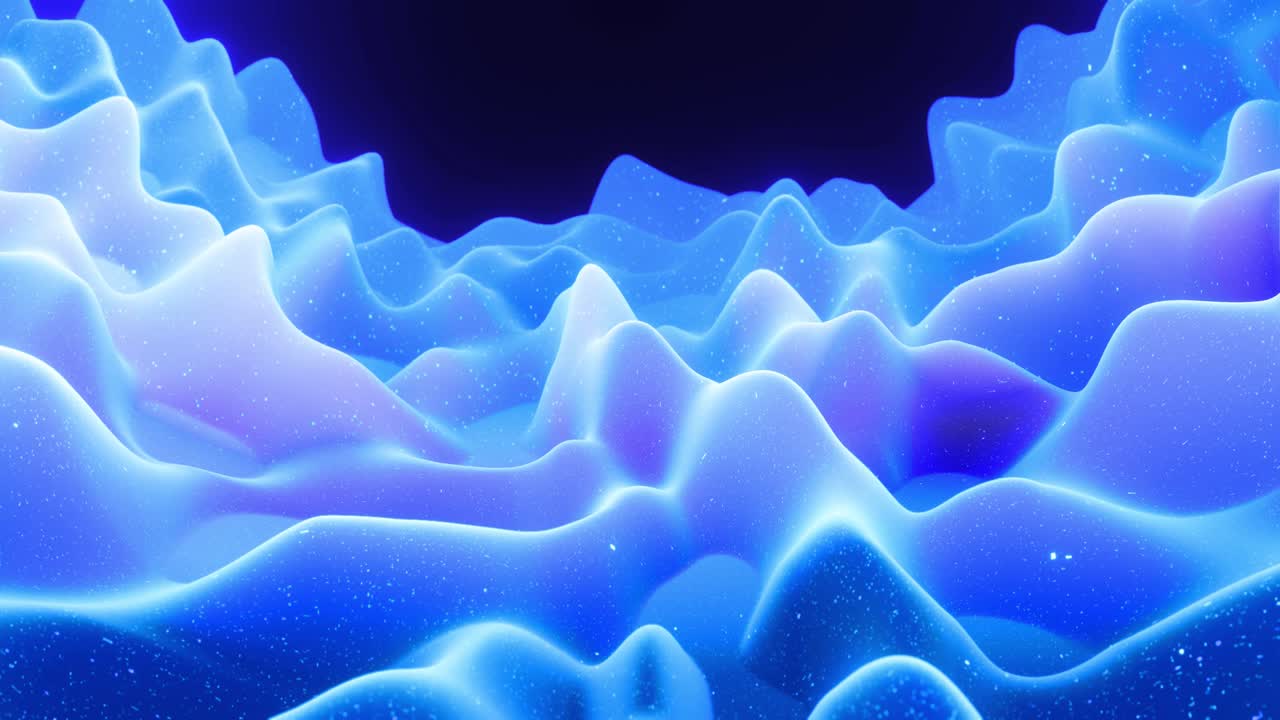 ondas abstractas de material mate azul suave con brillo interno ligero y brillos en la superficie de morphing. superficie geométrica abstracta como el paisaje o el terreno, extrudir o desplazar el ruido 3d. bucle 4k