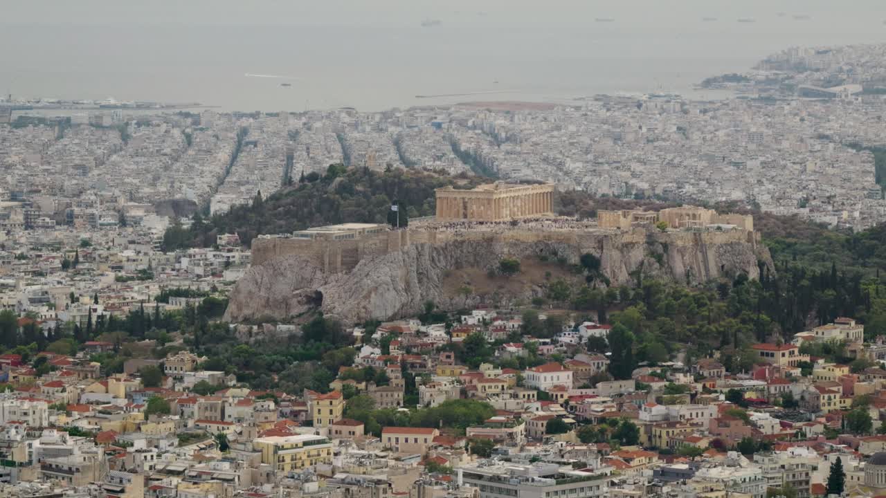 High above panorama over Acropolis with sea in distance