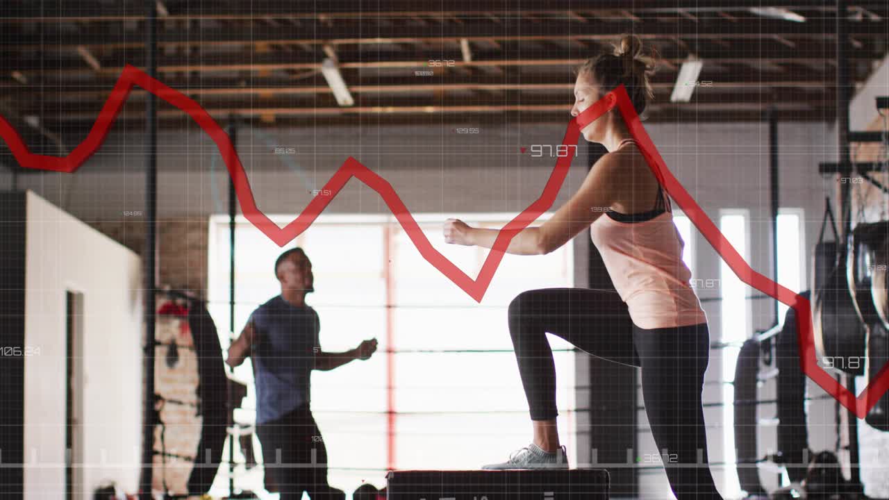 Woman starting squat, doing box jumps and stepups, man keeping rope, red overlay tracking training