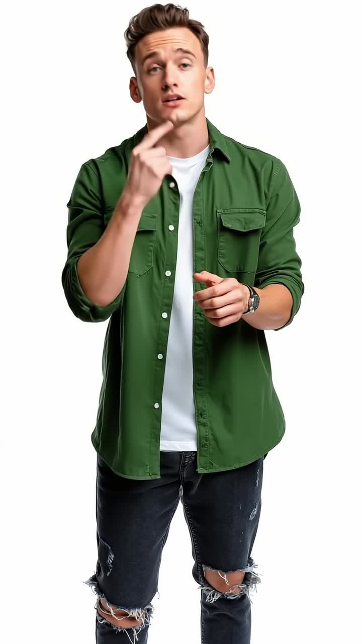 A man in a green shirt and ripped jeans