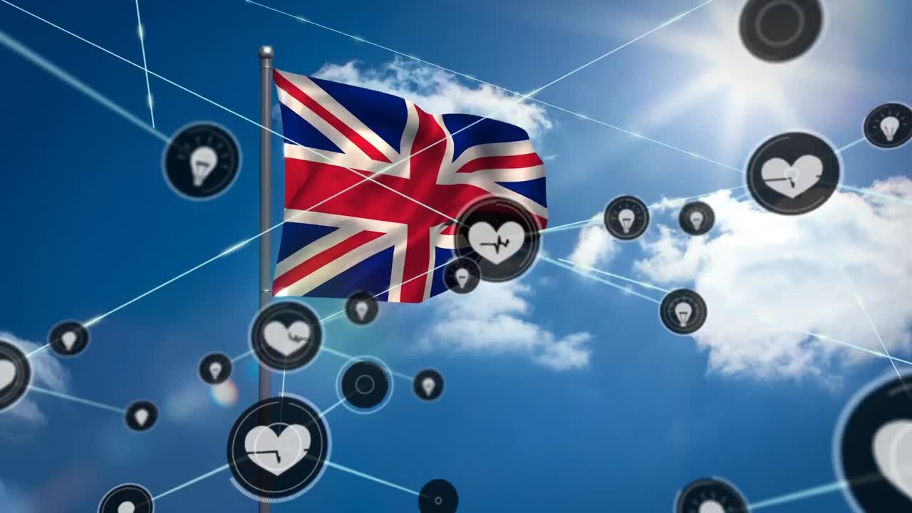 영국  ⁇ 발과 구름진 하늘 위의 연결 네트워크와 아이콘의 애니메이션