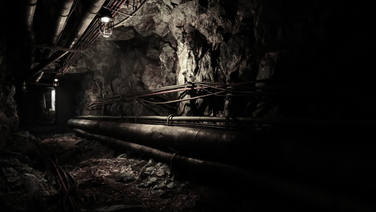un oscuro y misterioso túnel subterráneo alineado con tuberías y cables