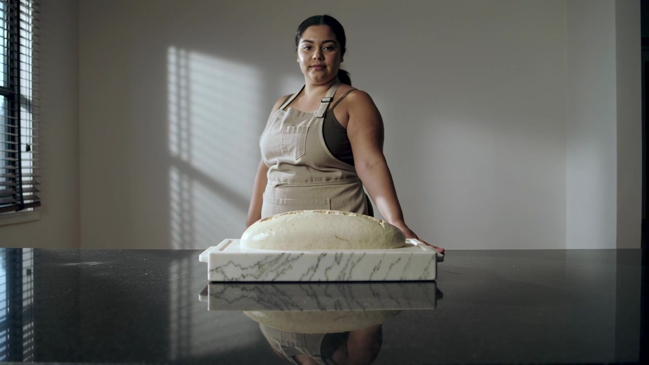 Entering baker in tan apron lowering marble board onto glossy counter mirroring dough, presenting