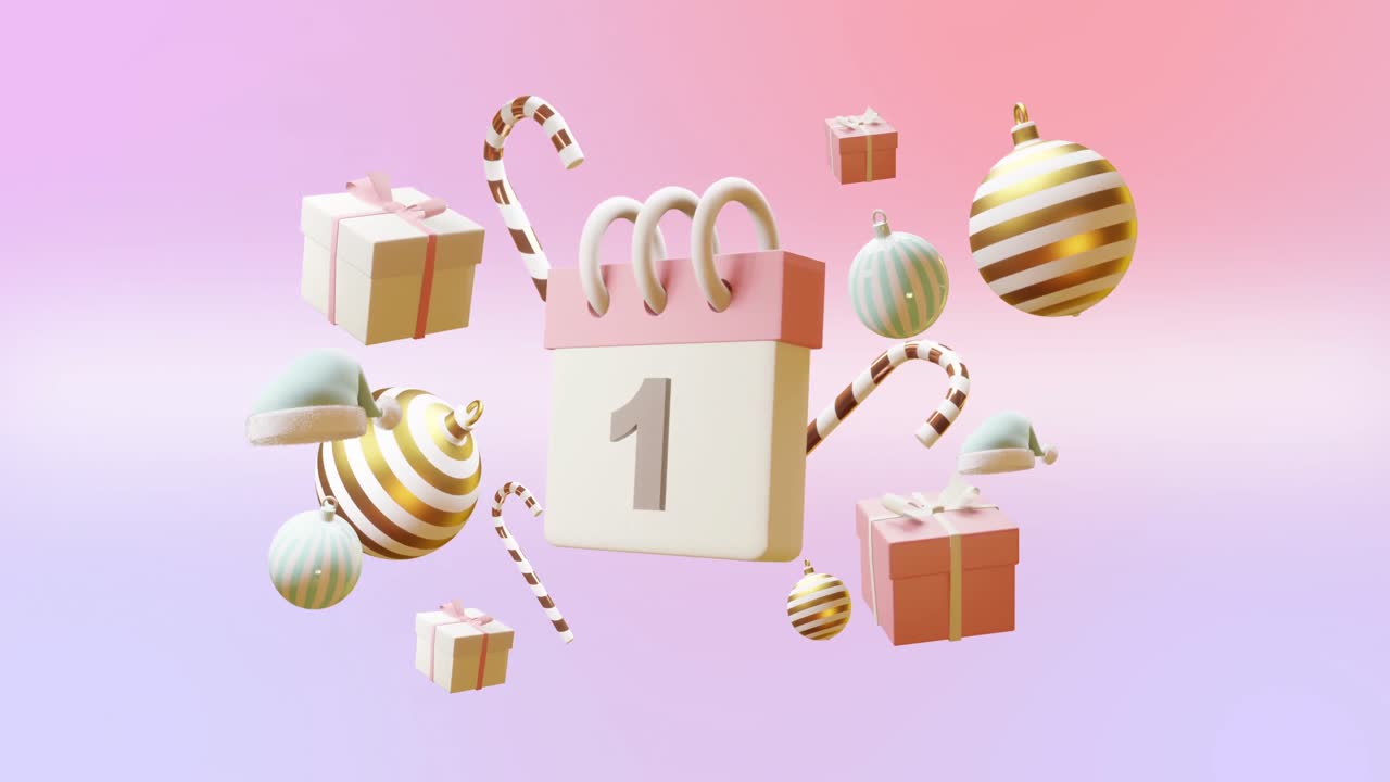 animación del calendario con el número 1 y decoraciones de navidad sobre fondo rosa
