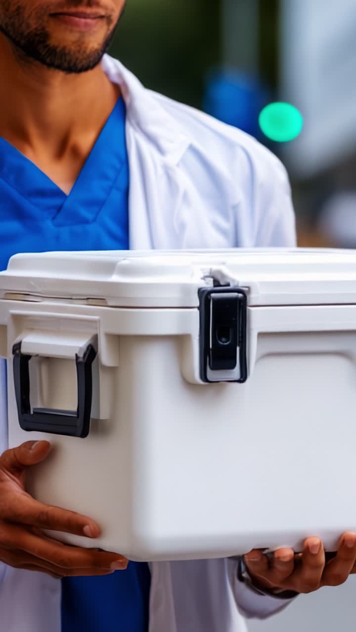Un profesional sanitario en pijama quirúrgico sujeta un refrigerador médico, concentrado en garantizar la seguridad y la eficiencia en el transporte de importantes suministros o muestras médicas.