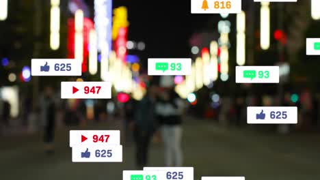 animation of social media icons and numbers over out of focus city and traffic lights