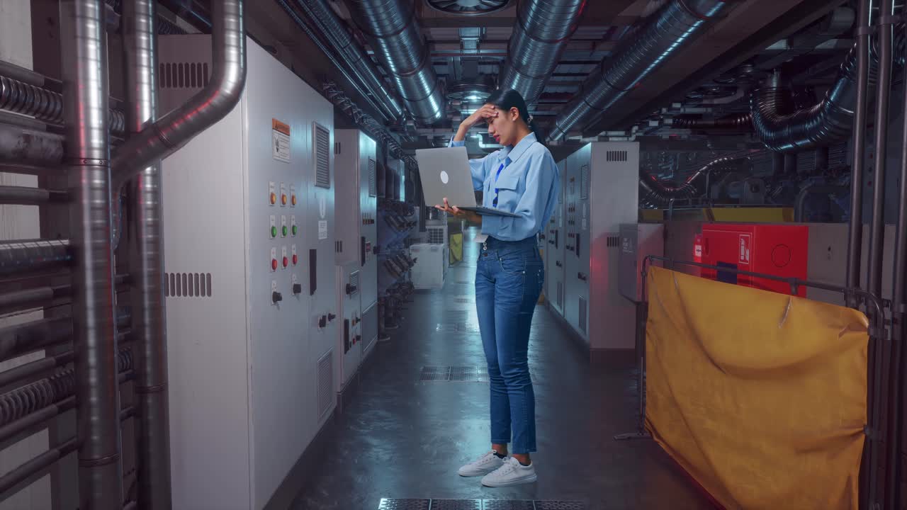 Full Body Side View Of An Asian Female Professional Worker Standing With Her Laptop In Engine Control Room, Typing And Dissapionted With Nodding Her Shead
