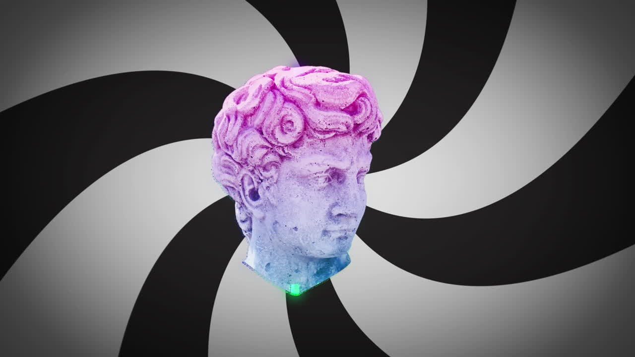 검은색과  ⁇ 색 줄무 ⁇ 가 회전하는 배경 위에 고대 머리 조각의 애니메이션