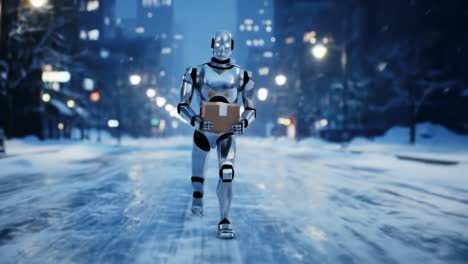 a futuristic robot navigates a snowy urban landscape while delivering a package in a serene night setting with soft street lights illuminating the path ahead